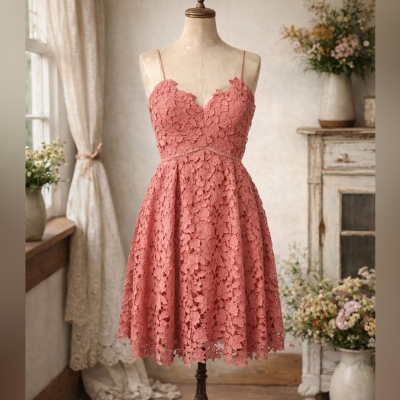 OAK + FORT Dresses & Skirts - Oak + Fort Coral Pink, Floral Lace Overlay, Spaghetti Strap Dress